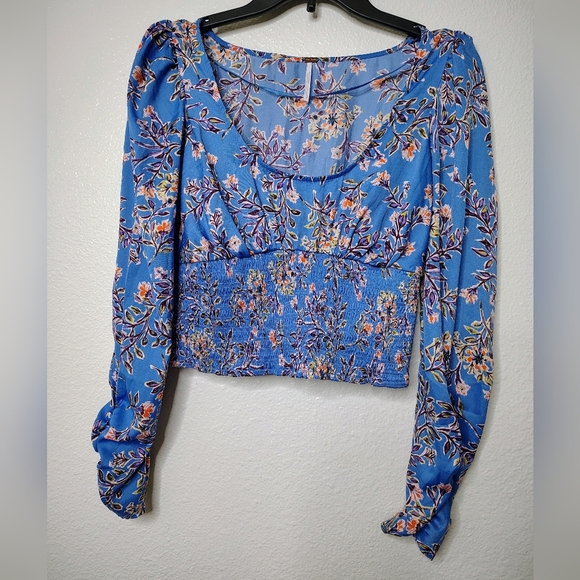 Free People Santiago Printed Top Long Sleeve puffed-shoulder cinched-waist Sz S - Picture 11 of 13